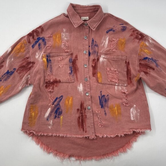 Anthropologie Jackets & Blazers - POL Anthropologie Shirt Shacket Womens Small Pink Denim Painted Thrashed Frayed